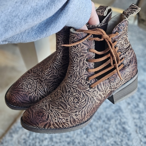 Circle G Shoes - Circle G Tooled Brown Floral Lace-Up Ankle Boots